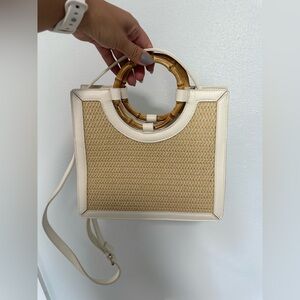 White parasol tote with bamboo handles vegan leather bag purse